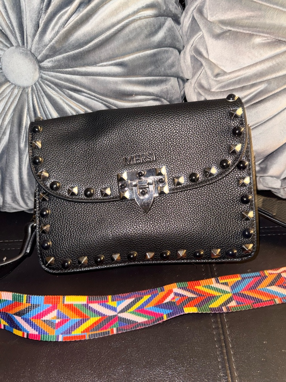 Black Studded Pebbled Leather Crossbody Bag with Colorful Strap